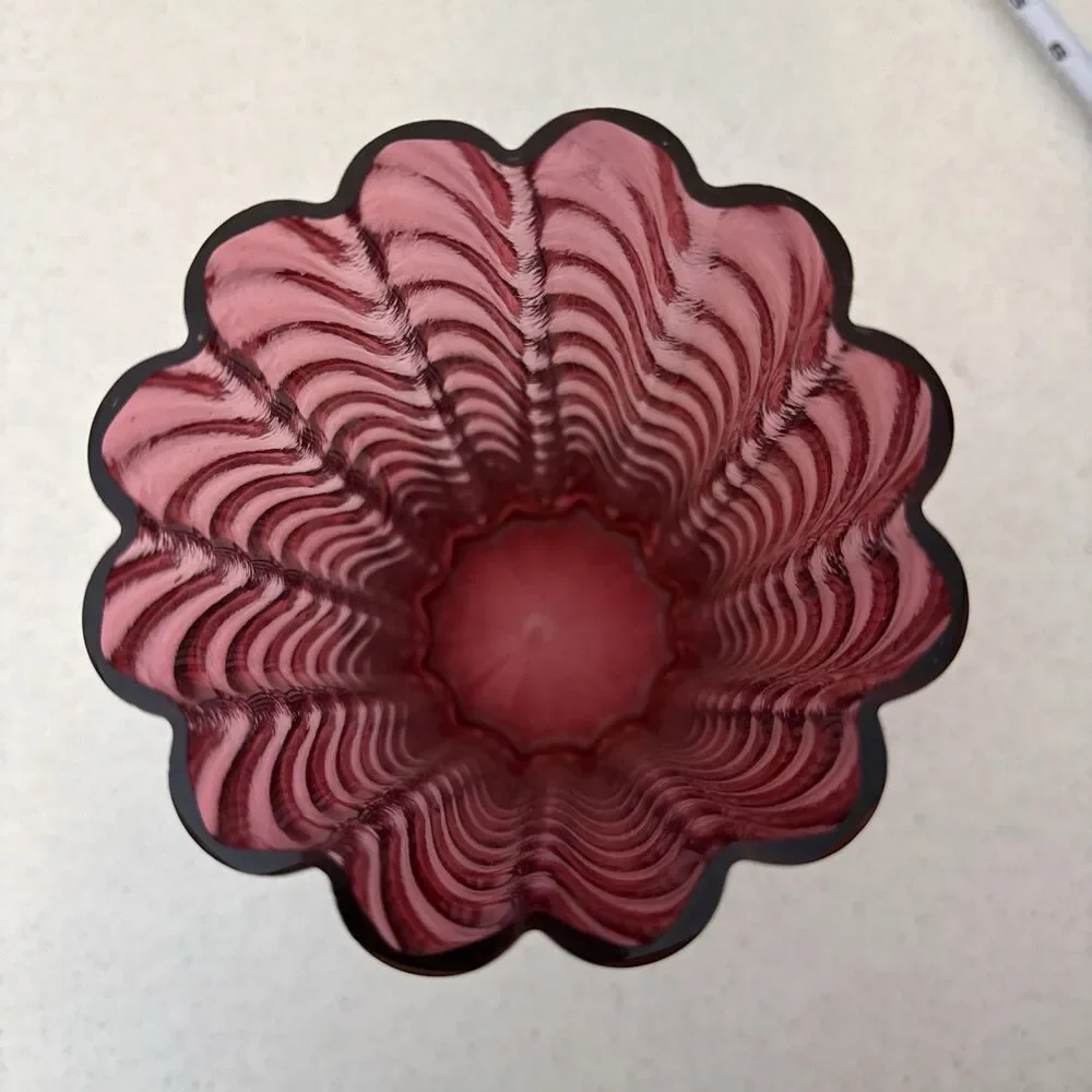 Pilgrim Cranberry Vase Glass Crystal Optic Rib Swirl 9.5” Vintage